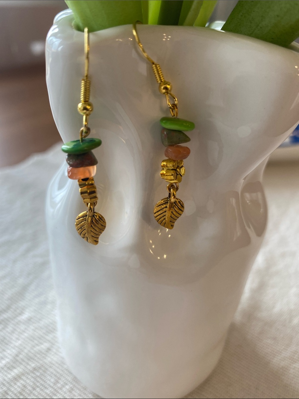 Gold Leaf Drop Earrings with Green and Peach Beads
